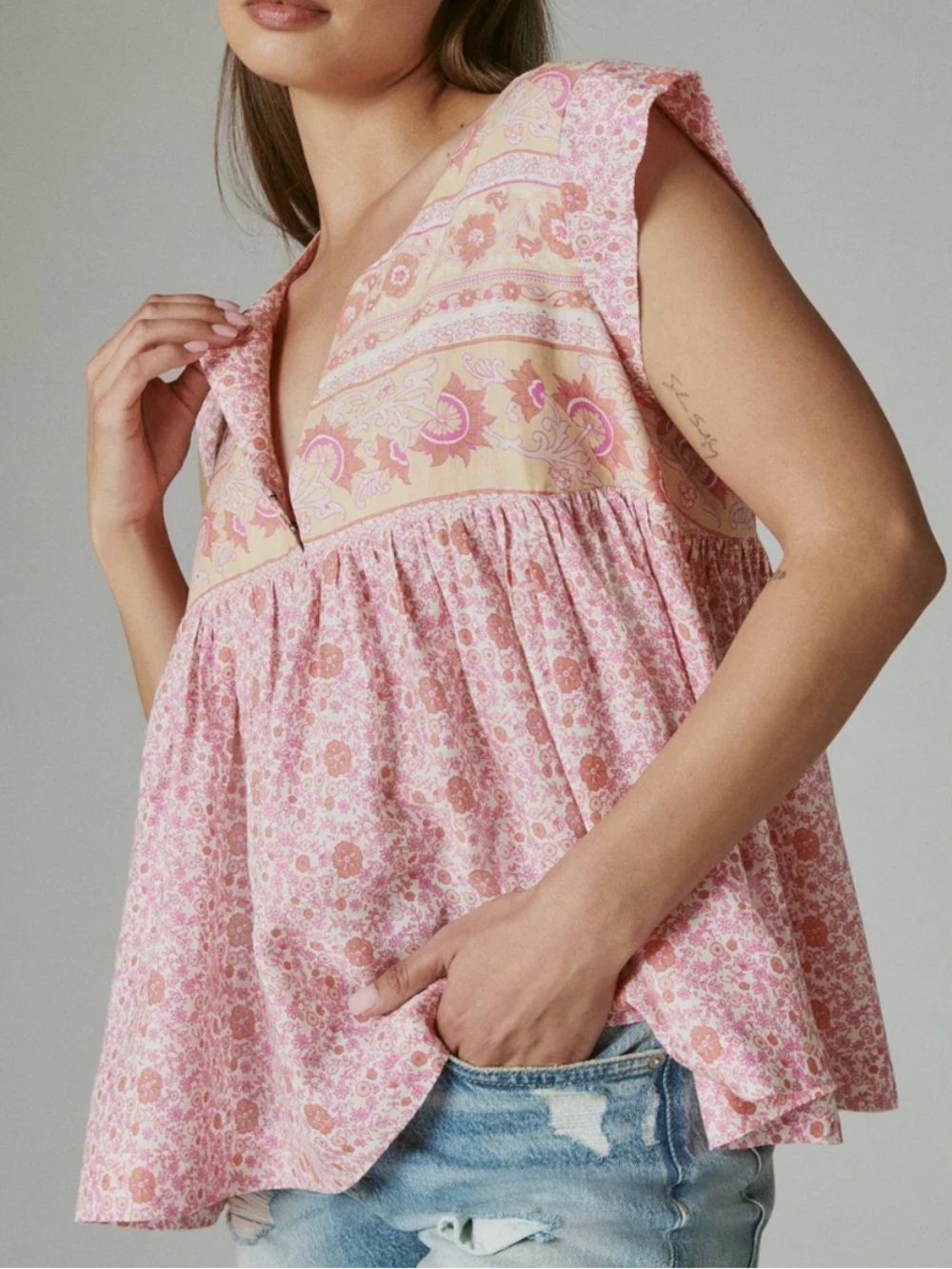 Lucky Brand Floral Boho Peasant Blouse Pink Cotton Modal Flutter Sleeve NWT - Picture 9 of 10